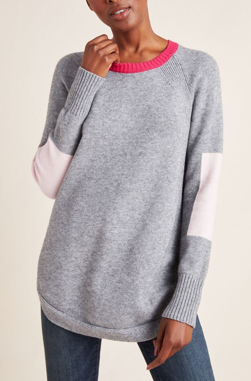 Anthropologie Colorblock Tunic Sweater Gray Pink Crew Neck XL Soft Knit